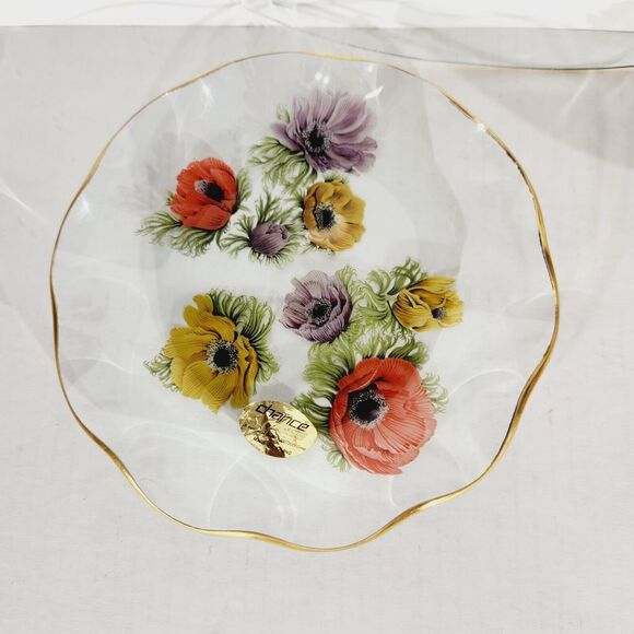 Chance Glass England Lot of 3 Anemone Floral Painted Serving Plate Pedestal Vtg - Picture 8 of 13